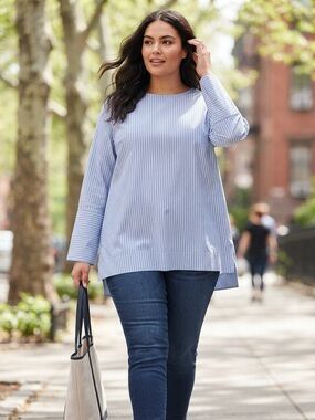 ZARA Plus Size Blue and White Pinstripe Tunic Top with Snap Button Details